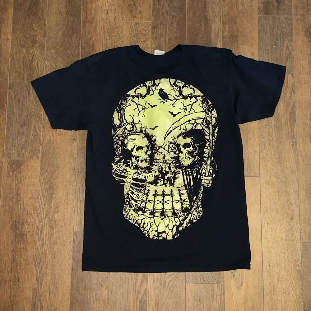 Fruit Of The Loom Y2K Glow N The Dark Skull ART T Shirt M Horror Punk - Picture 1 of 5